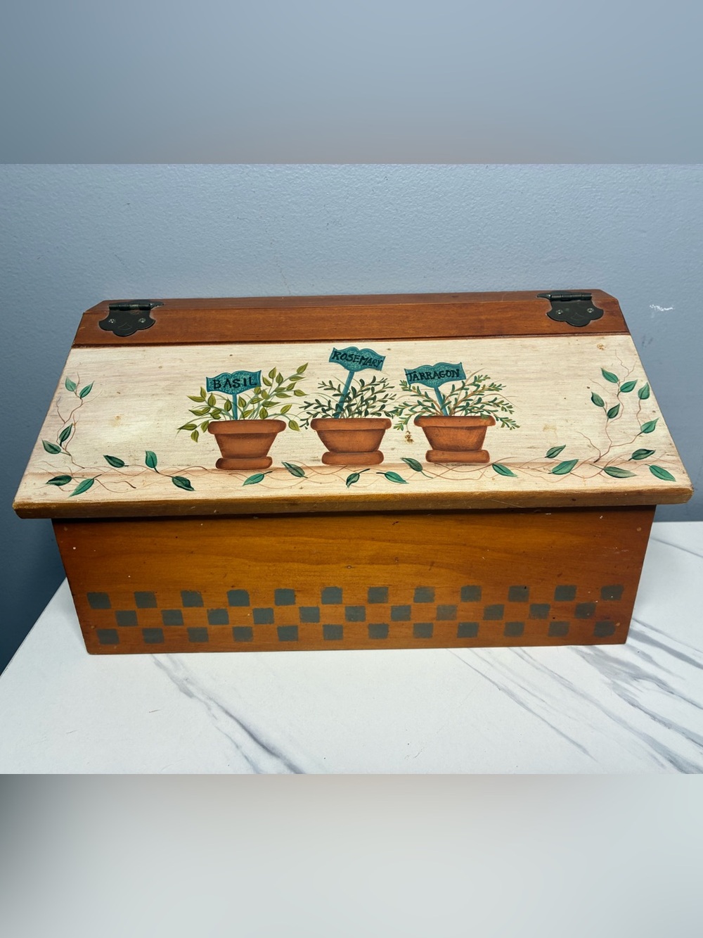 Hand Painted Wooden Recipe Box Herb Garden Basil Rosemary Tarragon Country